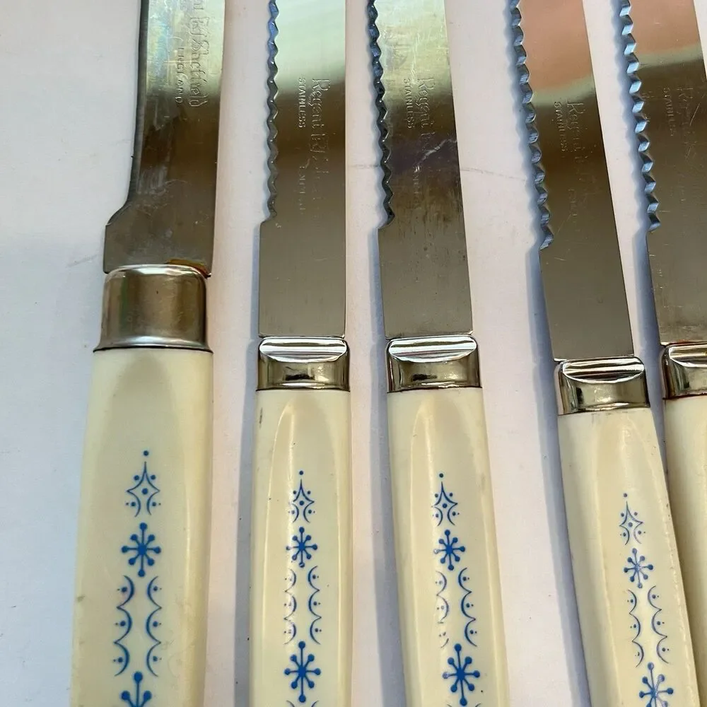 Caravelle Regent Sheffield 10 Pc Knives Blue Snowflake Starburst Pattern